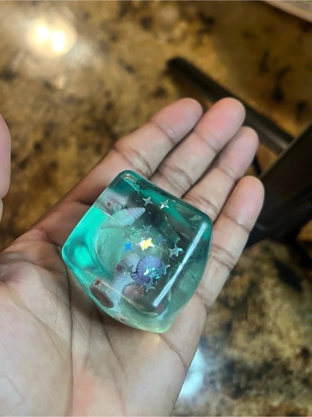 Ocean Aquarium Squishy Cube Clear Teal Seashell Fidget Toy